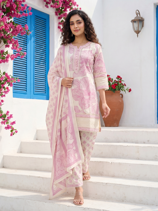 Floral Printed Schiffili & Lace Work Straight Kurta with Pant & Dupatta - Lavender