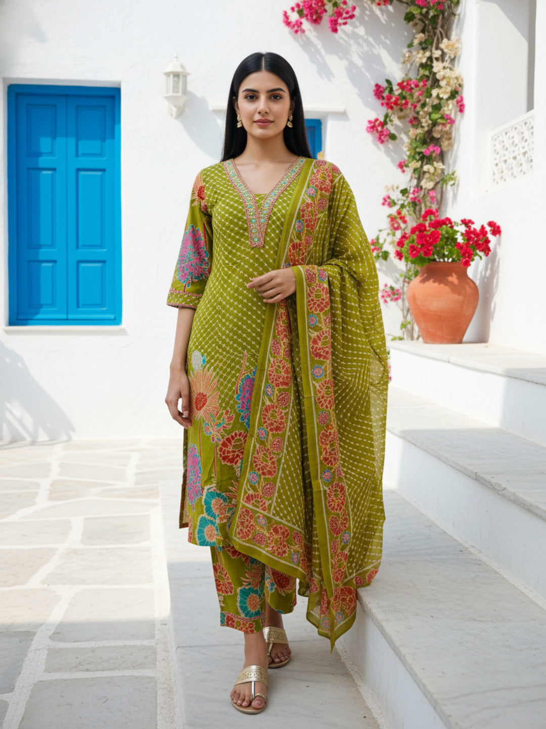 Abstract Floral Printed & Embroidered Lace Straight Kurta with Palazzo & Dupatta - Lime Green