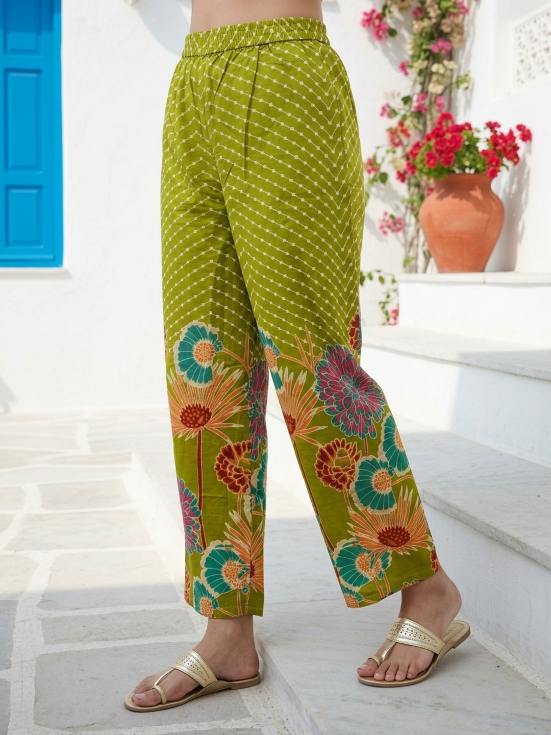 Abstract Floral Printed & Embroidered Lace Straight Kurta with Palazzo & Dupatta - Lime Green