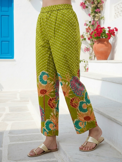 Abstract Floral Printed & Embroidered Lace Straight Kurta with Palazzo & Dupatta - Lime Green