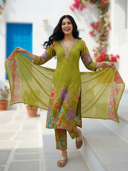 Abstract Floral Printed & Embroidered Lace Straight Kurta with Palazzo & Dupatta - Lime Green