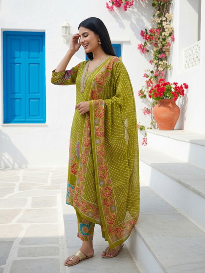 Abstract Floral Printed & Embroidered Lace Straight Kurta with Palazzo & Dupatta - Lime Green