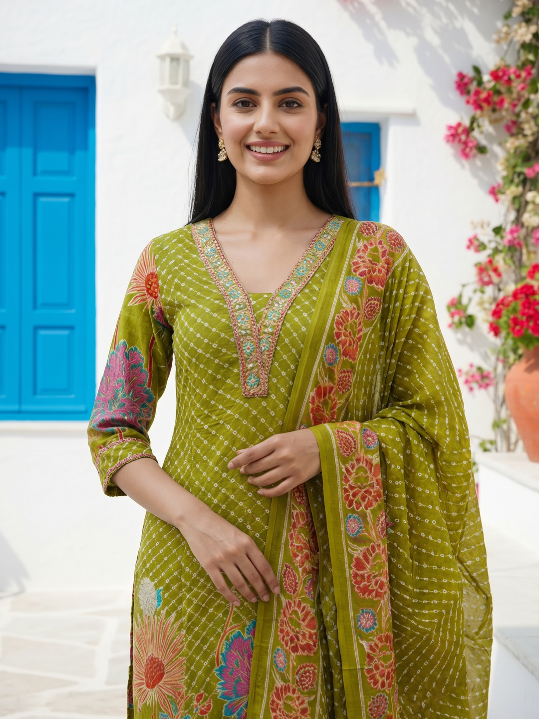 Abstract Floral Printed & Embroidered Lace Straight Kurta with Palazzo & Dupatta - Lime Green