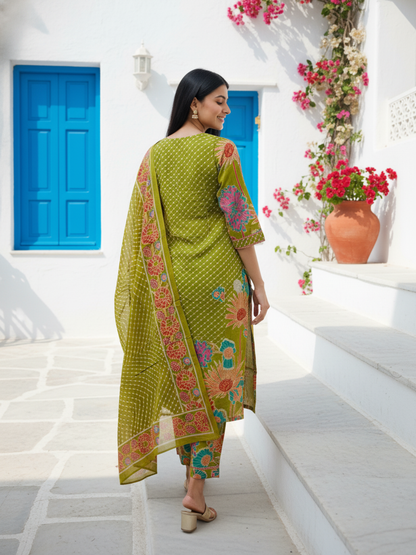 Abstract Floral Printed & Embroidered Lace Straight Kurta with Palazzo & Dupatta - Lime Green