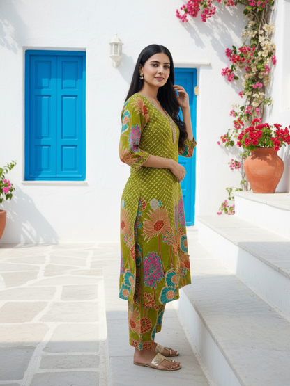Abstract Floral Printed & Embroidered Lace Straight Kurta with Palazzo & Dupatta - Lime Green
