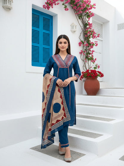 Solid Sequin & Printed Border A-Line Kurta with Pant & Dupatta - Navy Blue
