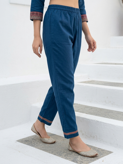 Solid Sequin & Printed Border A-Line Kurta with Pant & Dupatta - Navy Blue