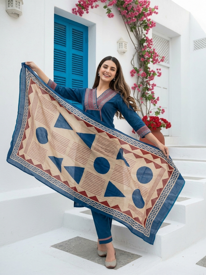 Solid Sequin & Printed Border A-Line Kurta with Pant & Dupatta - Navy Blue