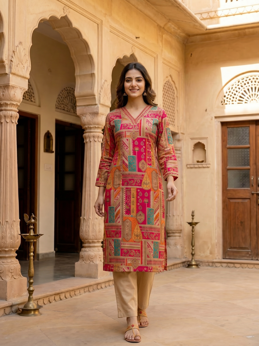 Ethnic Floral Printed & Embroidered Straight Kurta - Multi