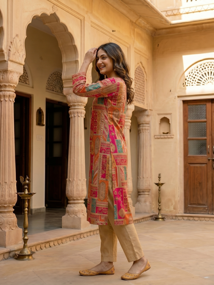 Ethnic Floral Printed & Embroidered Straight Kurta - Multi