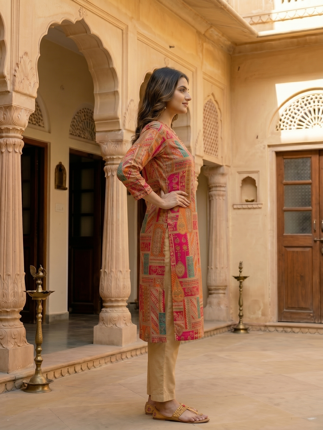 Ethnic Floral Printed & Embroidered Straight Kurta - Multi