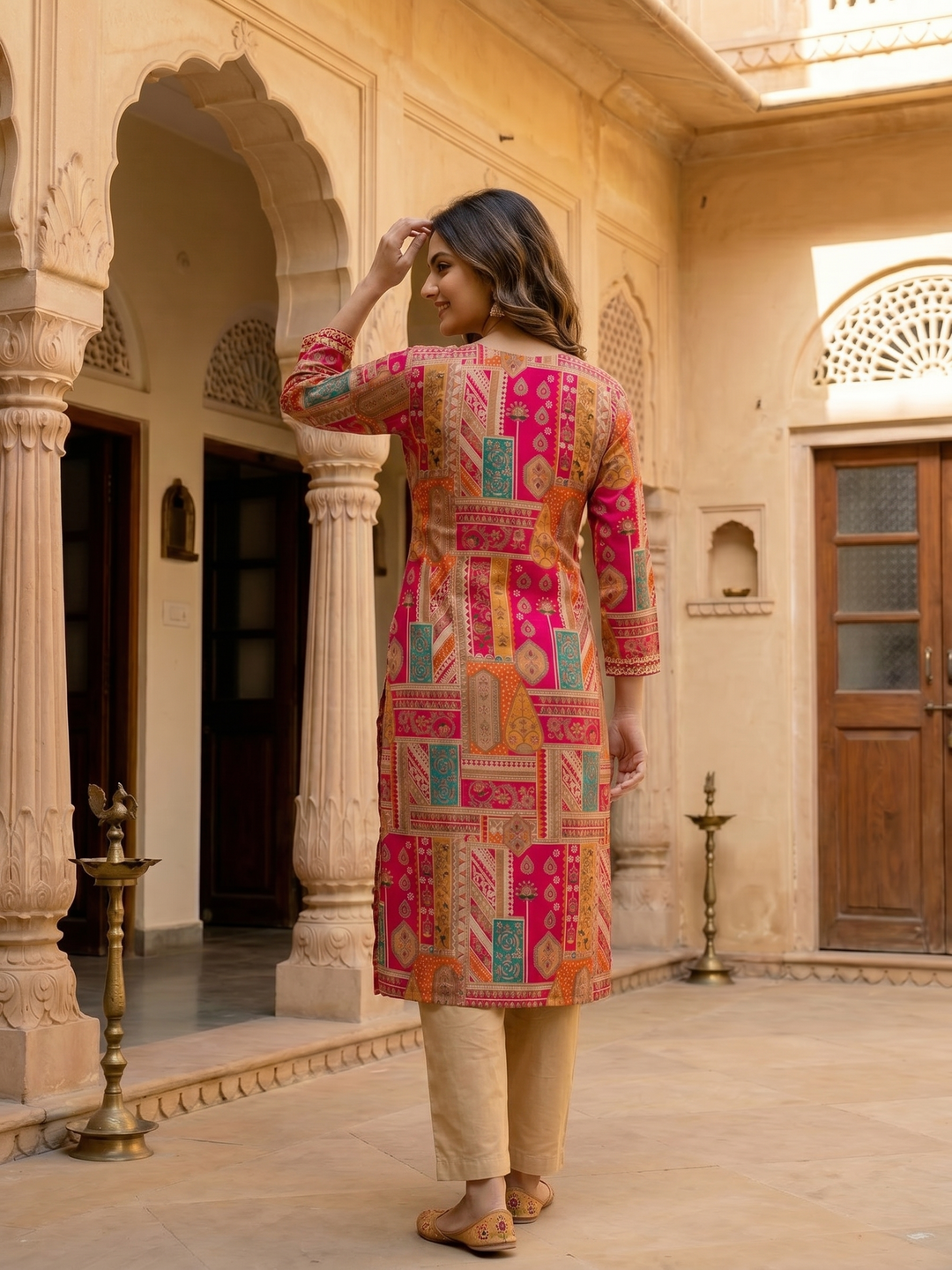 Ethnic Floral Printed & Embroidered Straight Kurta - Multi