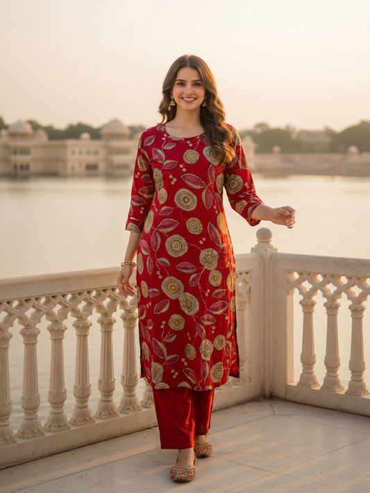 Abstract Floral Printed & Embroidered Straight Kurta - Maroon