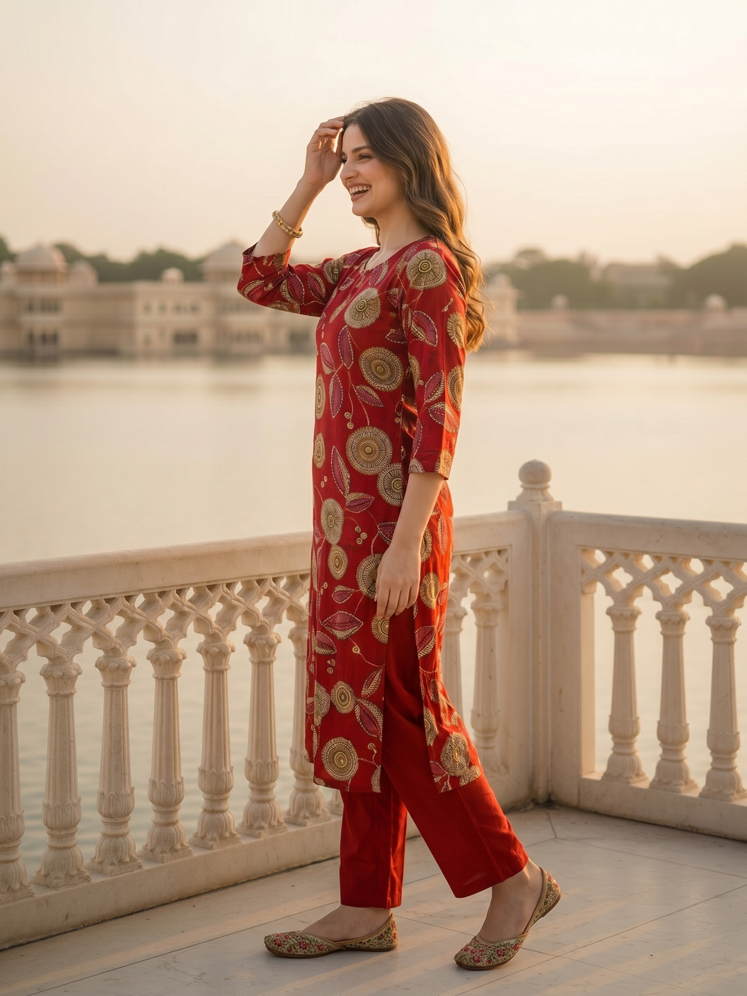 Abstract Floral Printed & Embroidered Straight Kurta - Maroon