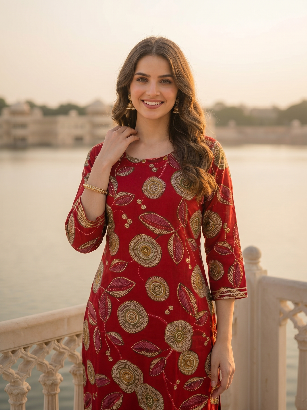 Abstract Floral Printed & Embroidered Straight Kurta - Maroon