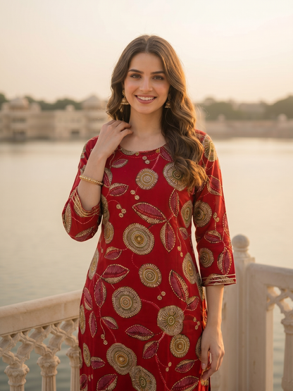 Abstract Floral Printed & Embroidered Straight Kurta - Maroon
