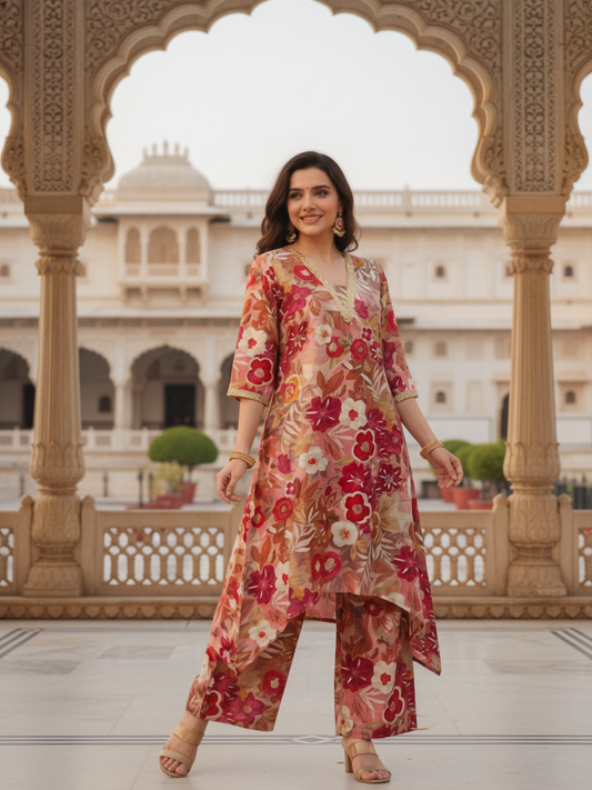 Ethnic Floral Printed & Lace A-Line Kurta with Palazzo Co-ord Set - Multi