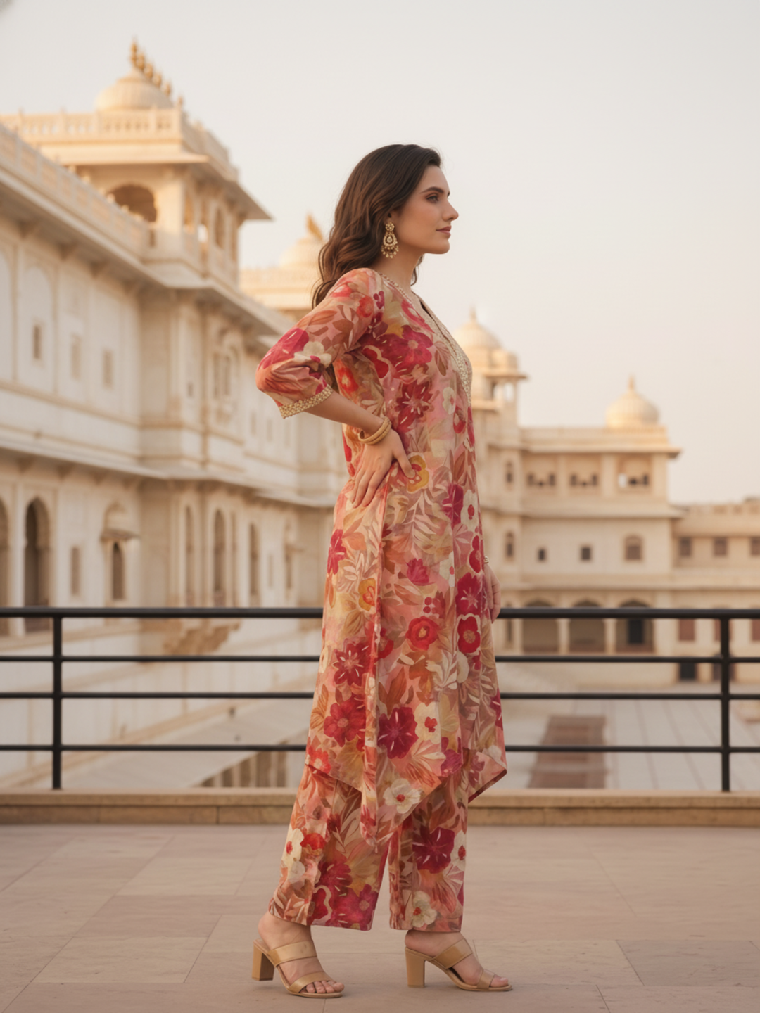 Ethnic Floral Printed & Lace A-Line Kurta with Palazzo Co-ord Set - Multi