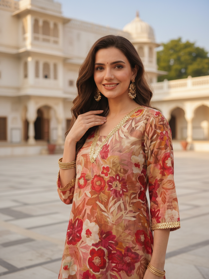 Ethnic Floral Printed & Lace A-Line Kurta with Palazzo Co-ord Set - Multi