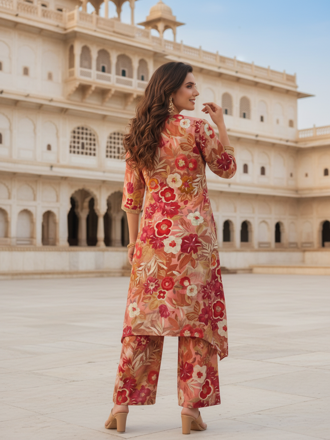 Ethnic Floral Printed & Lace A-Line Kurta with Palazzo Co-ord Set - Multi
