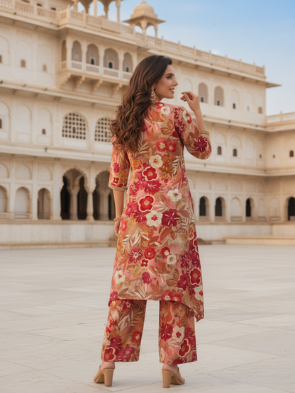 Ethnic Floral Printed & Lace A-Line Kurta with Palazzo Co-ord Set - Multi