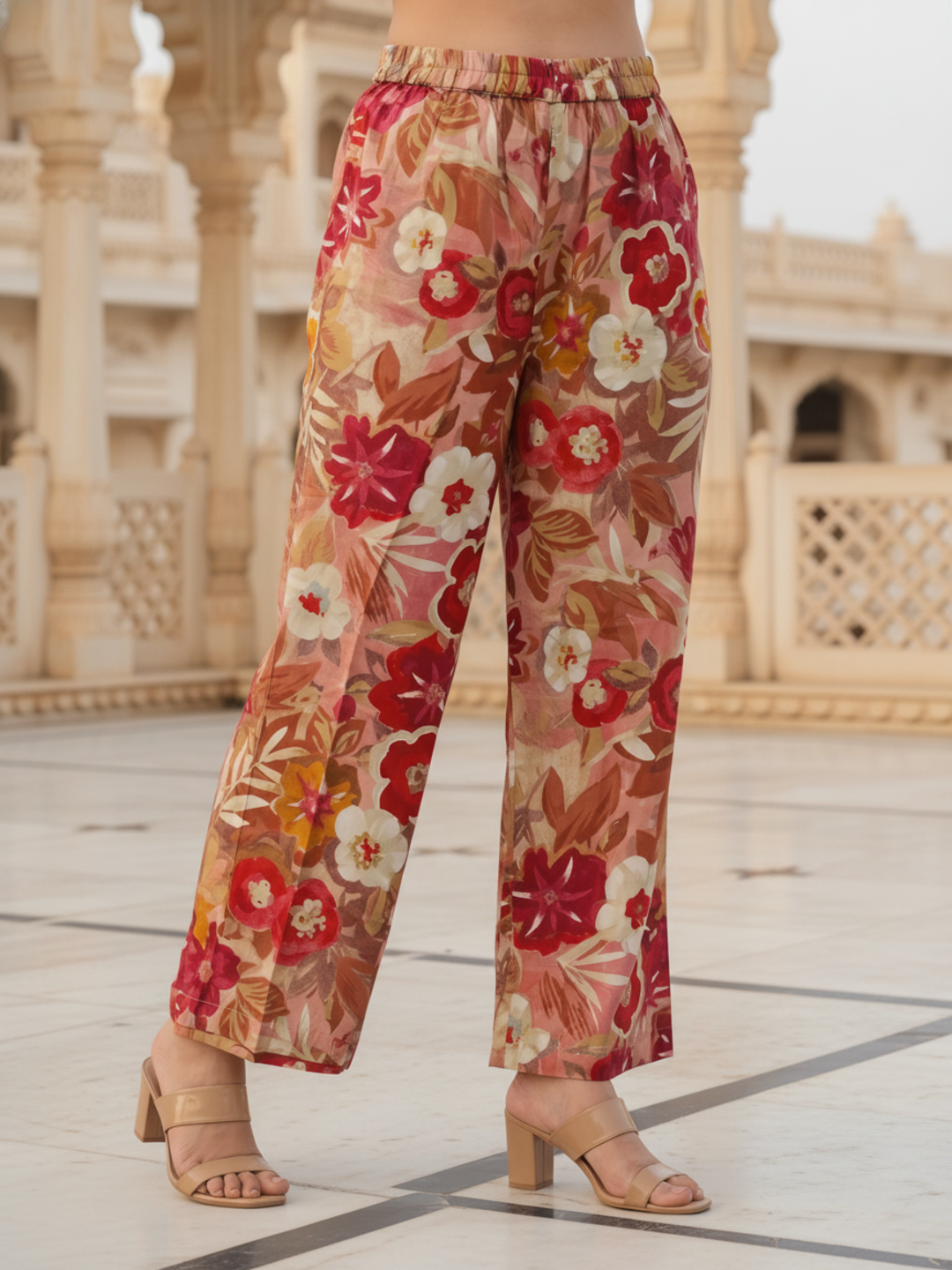 Ethnic Floral Printed & Lace A-Line Kurta with Palazzo Co-ord Set - Multi