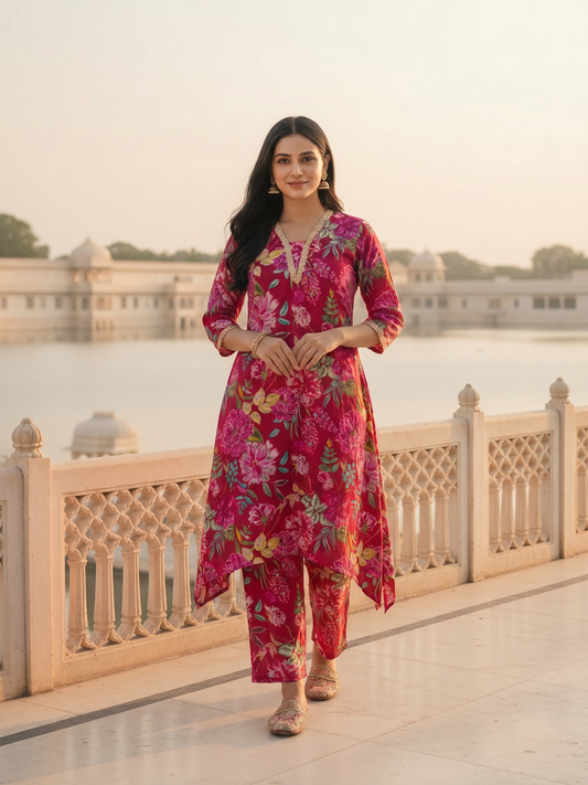 Ethnic Printed & Lace A-Line Co-ord Set - Multi