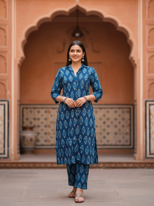 Ethnic Floral Printed Cotton A-Line Co-ord Set - Navy Blue