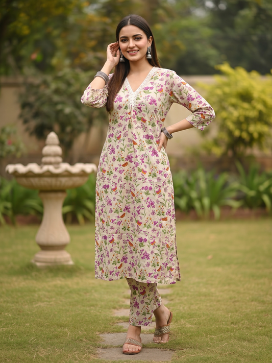 Ethnic Floral Printed & Mirror Work A-Line Co-ord Set - Off White