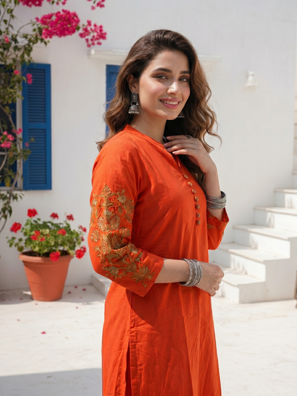 Solid Floral Embroidered Straight Kurta with Pant - Coral