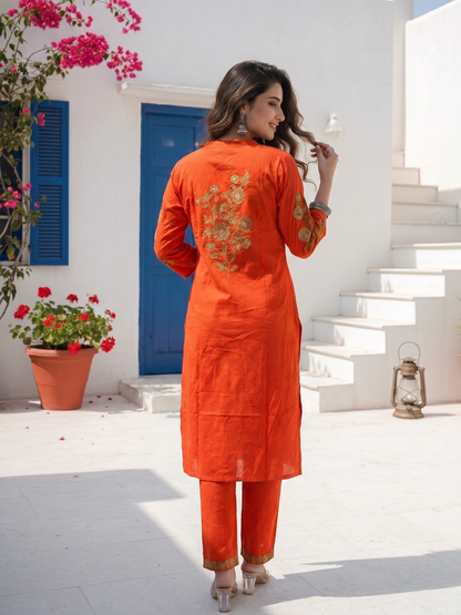 Solid Floral Embroidered Straight Kurta with Pant - Coral