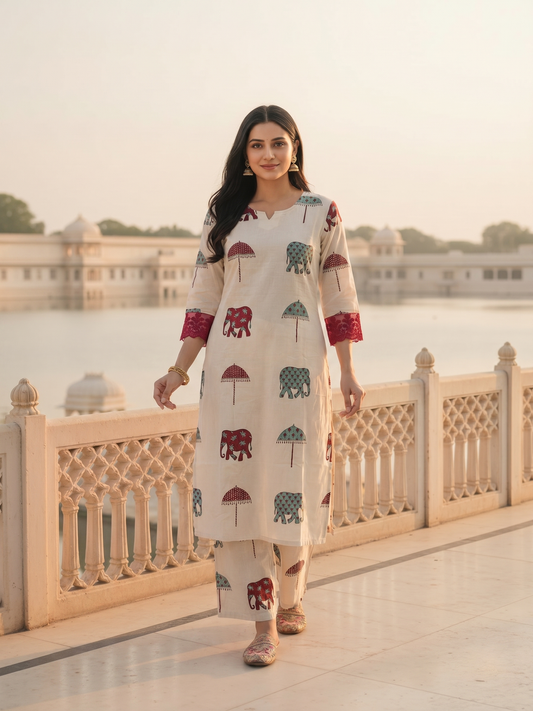 Ethnic Printed Straight Kurta with Pant Co-ord Set - Ivory