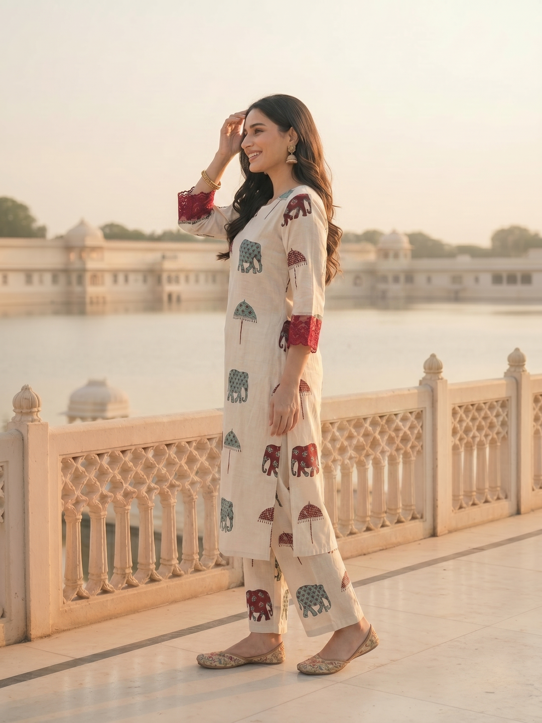Ethnic Printed Straight Kurta with Pant Co-ord Set - Ivory