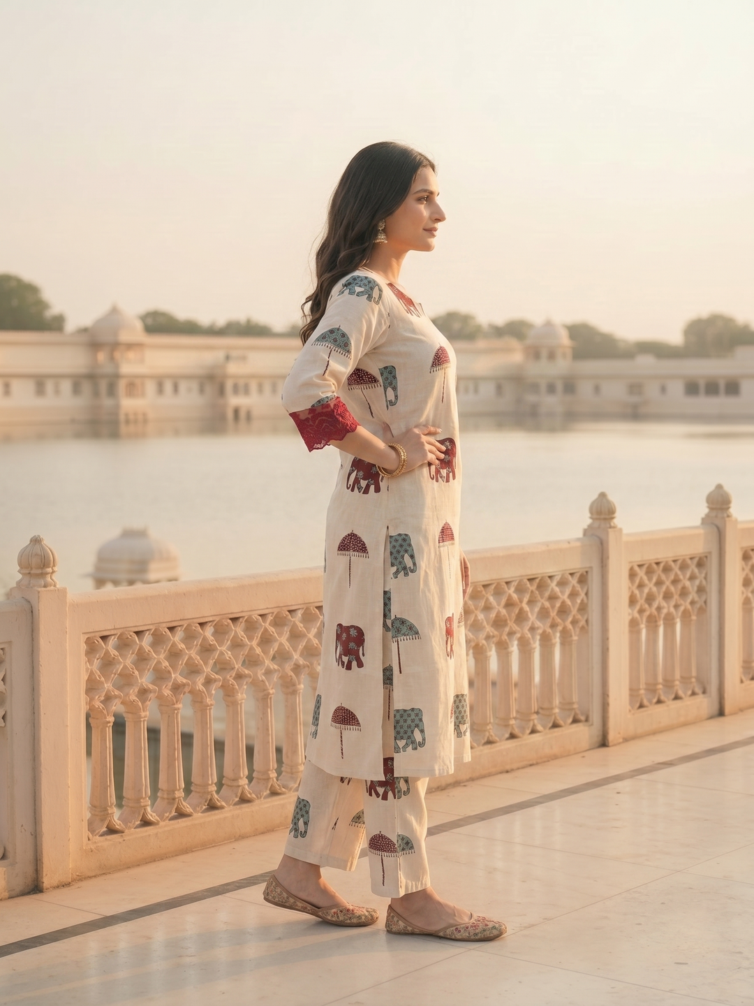 Ethnic Printed Straight Kurta with Pant Co-ord Set - Ivory
