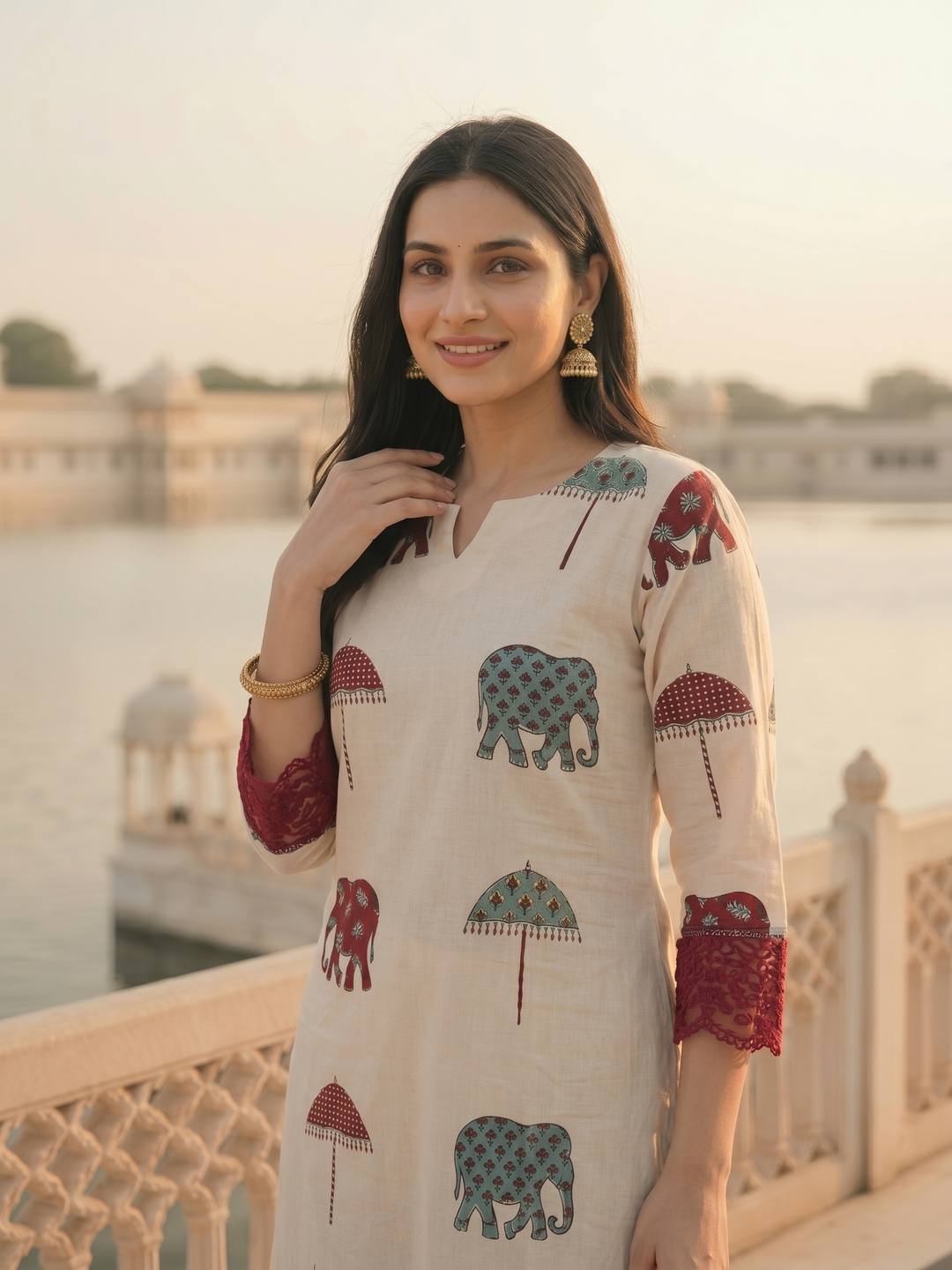 Ethnic Printed Straight Kurta with Pant Co-ord Set - Ivory
