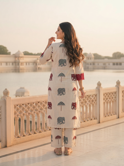 Ethnic Printed Straight Kurta with Pant Co-ord Set - Ivory