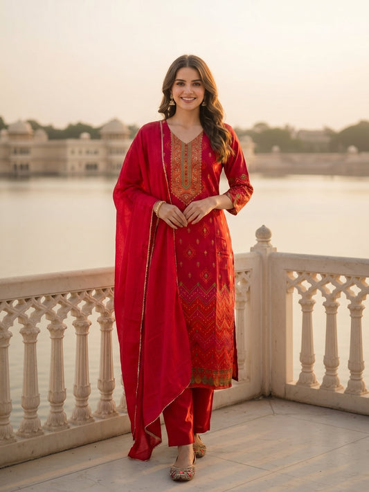 Festive Ethnic Printed & Embroidered Straight Kurta with Pant & Dupatta - Red