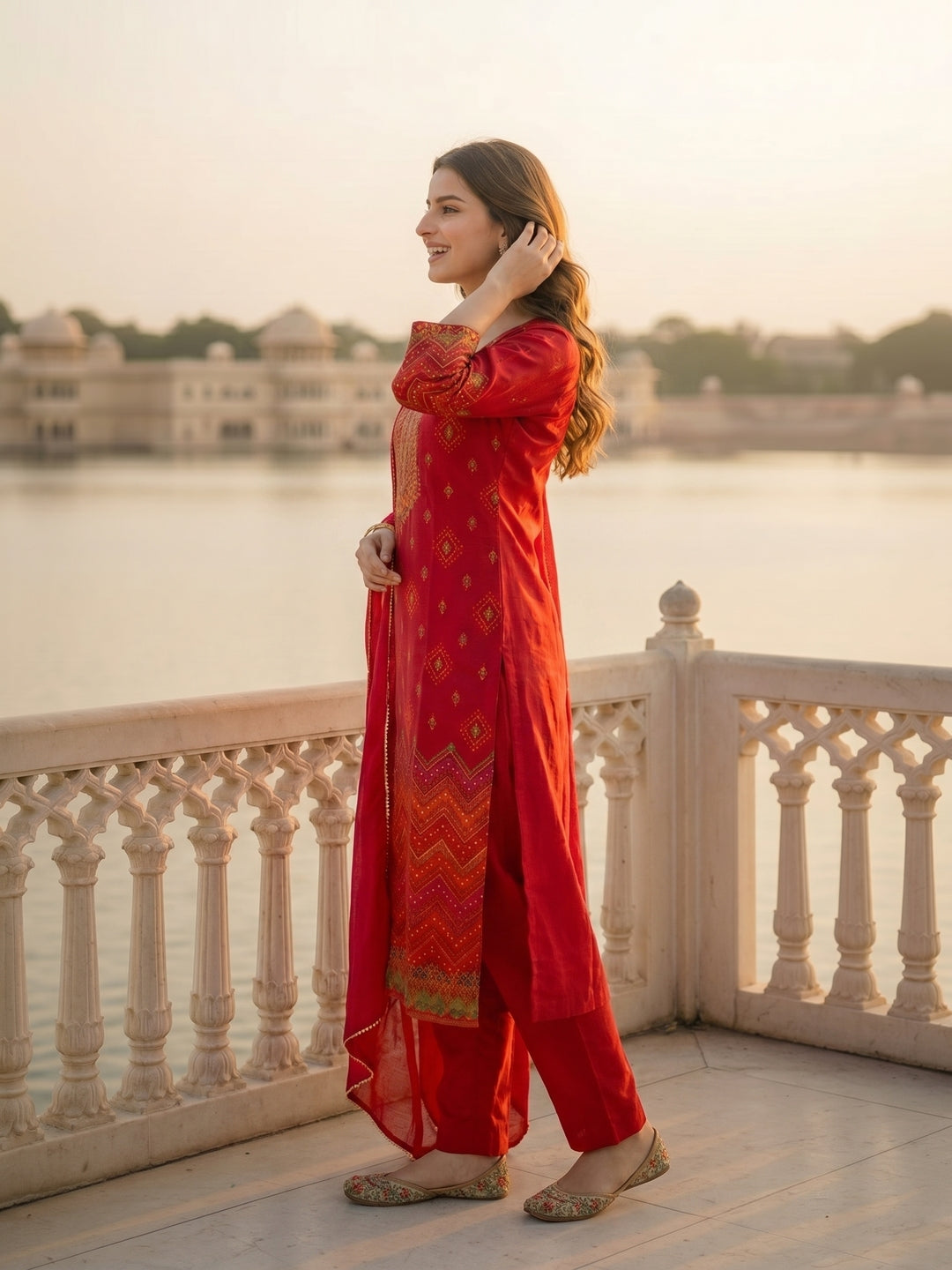 Festive Ethnic Printed & Embroidered Straight Kurta with Pant & Dupatta - Red