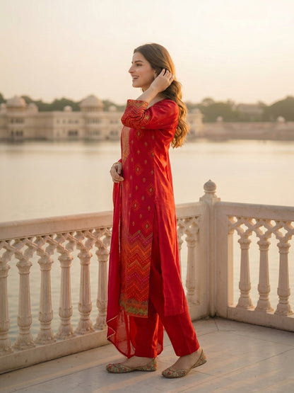 Festive Ethnic Printed & Embroidered Straight Kurta with Pant & Dupatta - Red