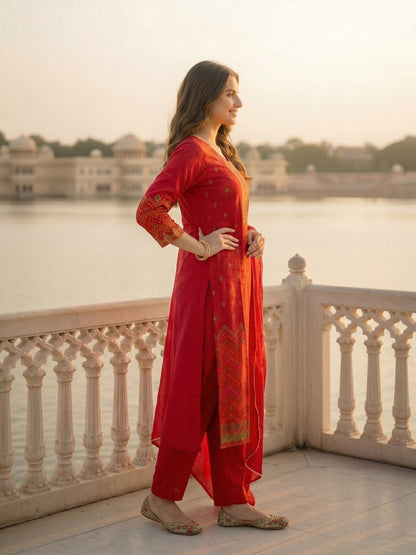 Festive Ethnic Printed & Embroidered Straight Kurta with Pant & Dupatta - Red