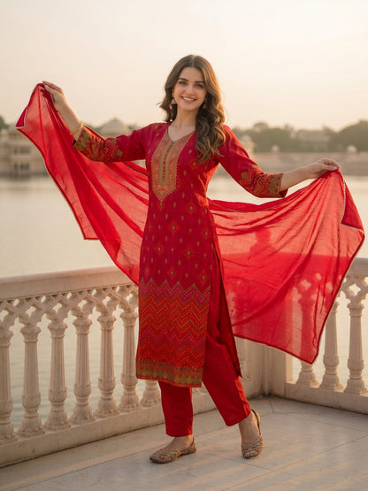 Festive Ethnic Printed & Embroidered Straight Kurta with Pant & Dupatta - Red