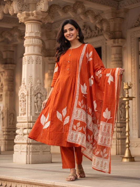 Floral Printed A-Line Kurta with Pant & Dupatta - Rust