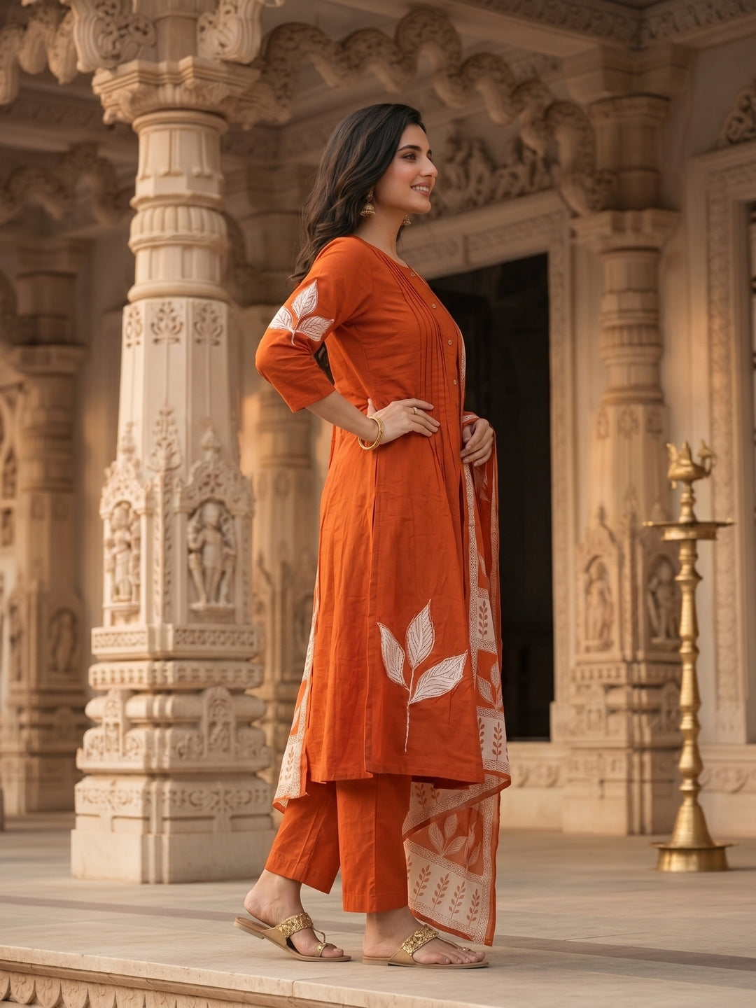 Floral Printed A-Line Kurta with Pant & Dupatta - Rust