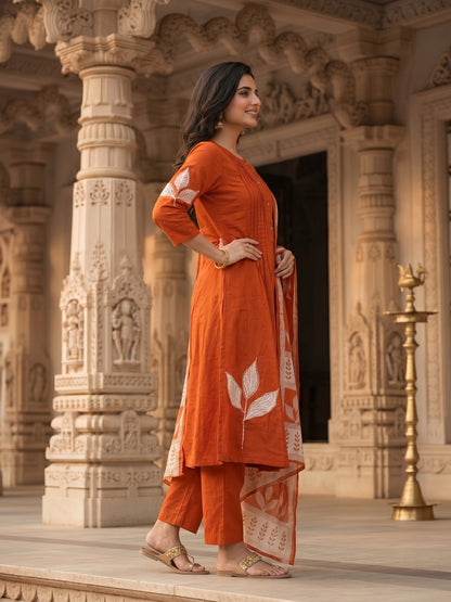 Floral Printed A-Line Kurta with Pant & Dupatta - Rust