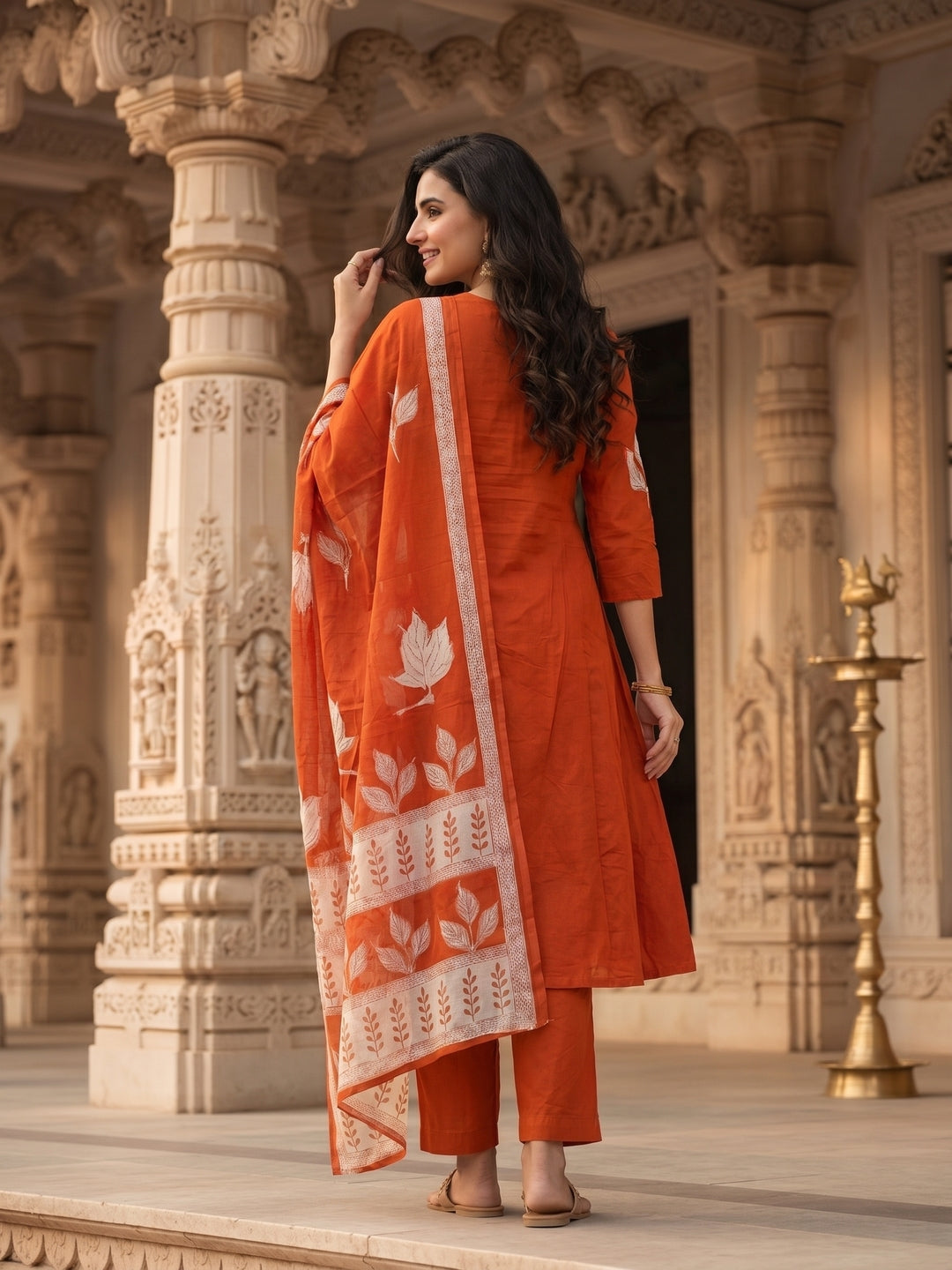 Floral Printed A-Line Kurta with Pant & Dupatta - Rust