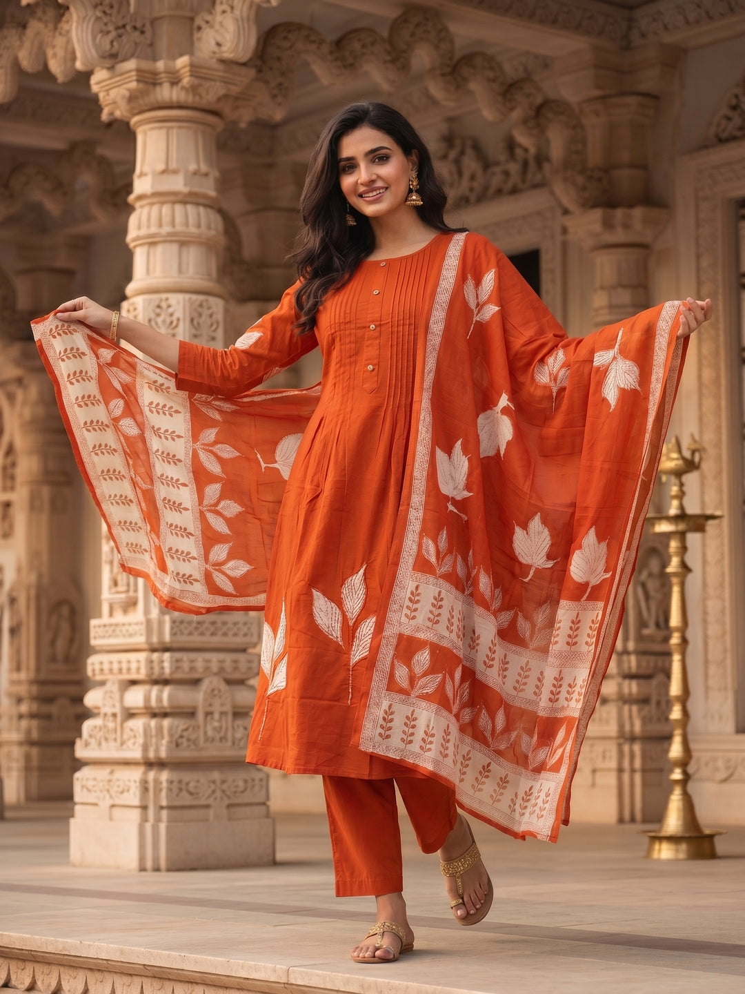 Floral Printed A-Line Kurta with Pant & Dupatta - Rust
