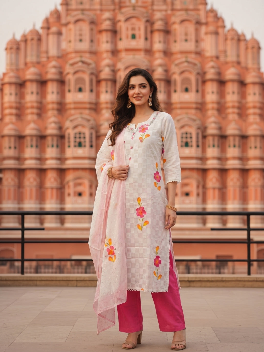 Hand Embroidered & Floral Printed Straight Kurta with Pant & Dupatta - White