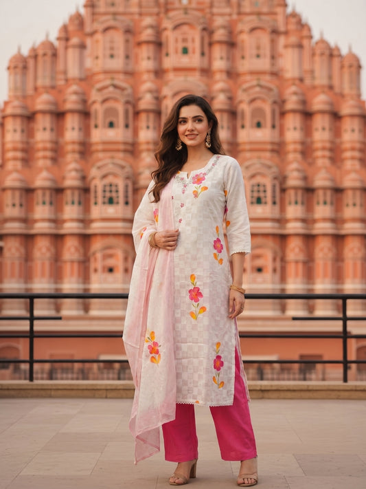 Hand Embroidered & Floral Printed Straight Kurta with Pant & Dupatta - White
