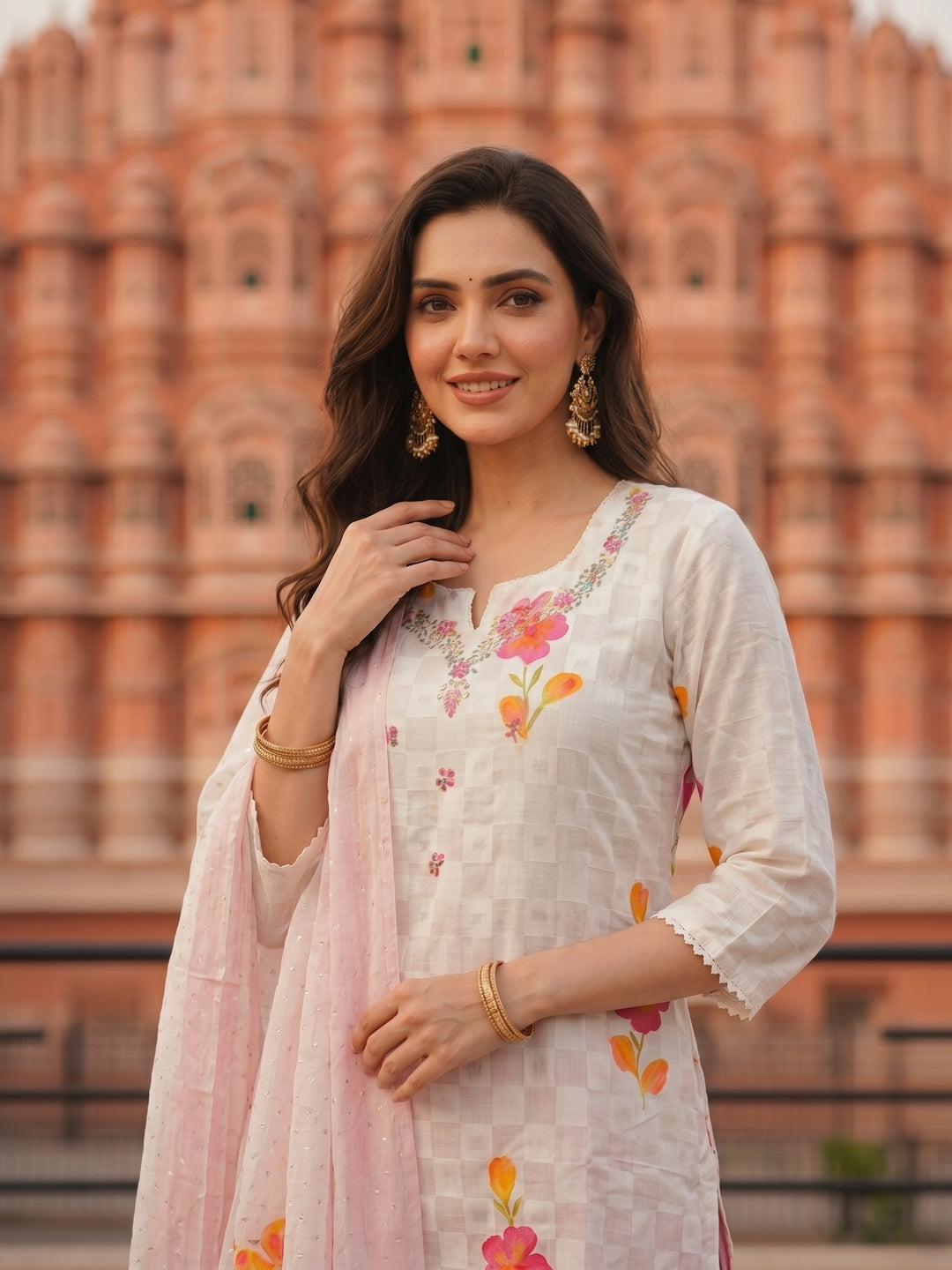 Hand Embroidered & Floral Printed Straight Kurta with Pant & Dupatta - White