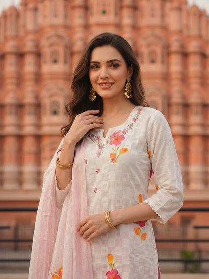 Hand Embroidered & Floral Printed Straight Kurta with Pant & Dupatta - White